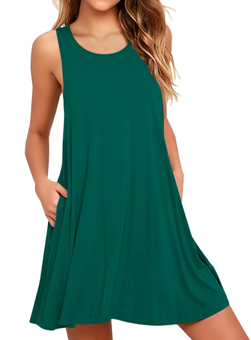WEACZZY Summer Dresses for Women Beach Tshirt Sundress Sleeveless Pockets Casual Loose Tank Dress,Dark Green,L - Image 1
